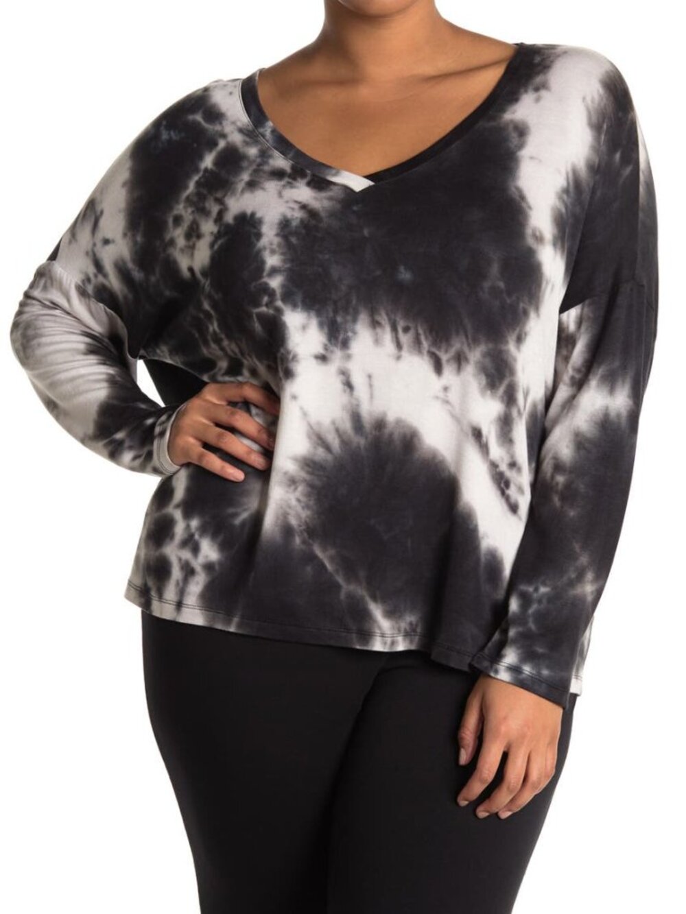 Supply & Demand Nordstrom Leo Tie Dye Top V-Neck Knit Black & White Size 1X